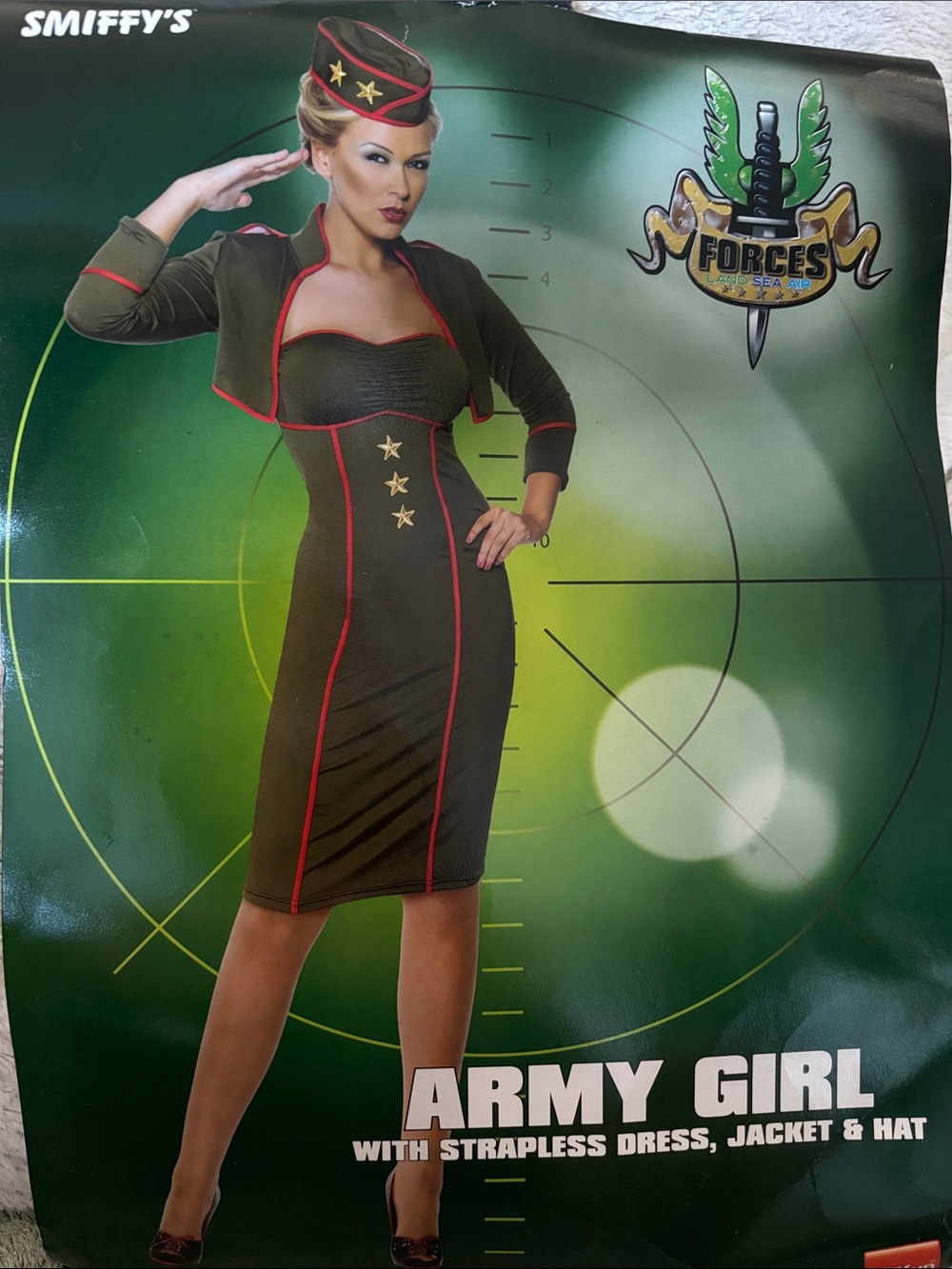 miffy Olive Green Strapless 'Army Girl' Dress with Red Trim